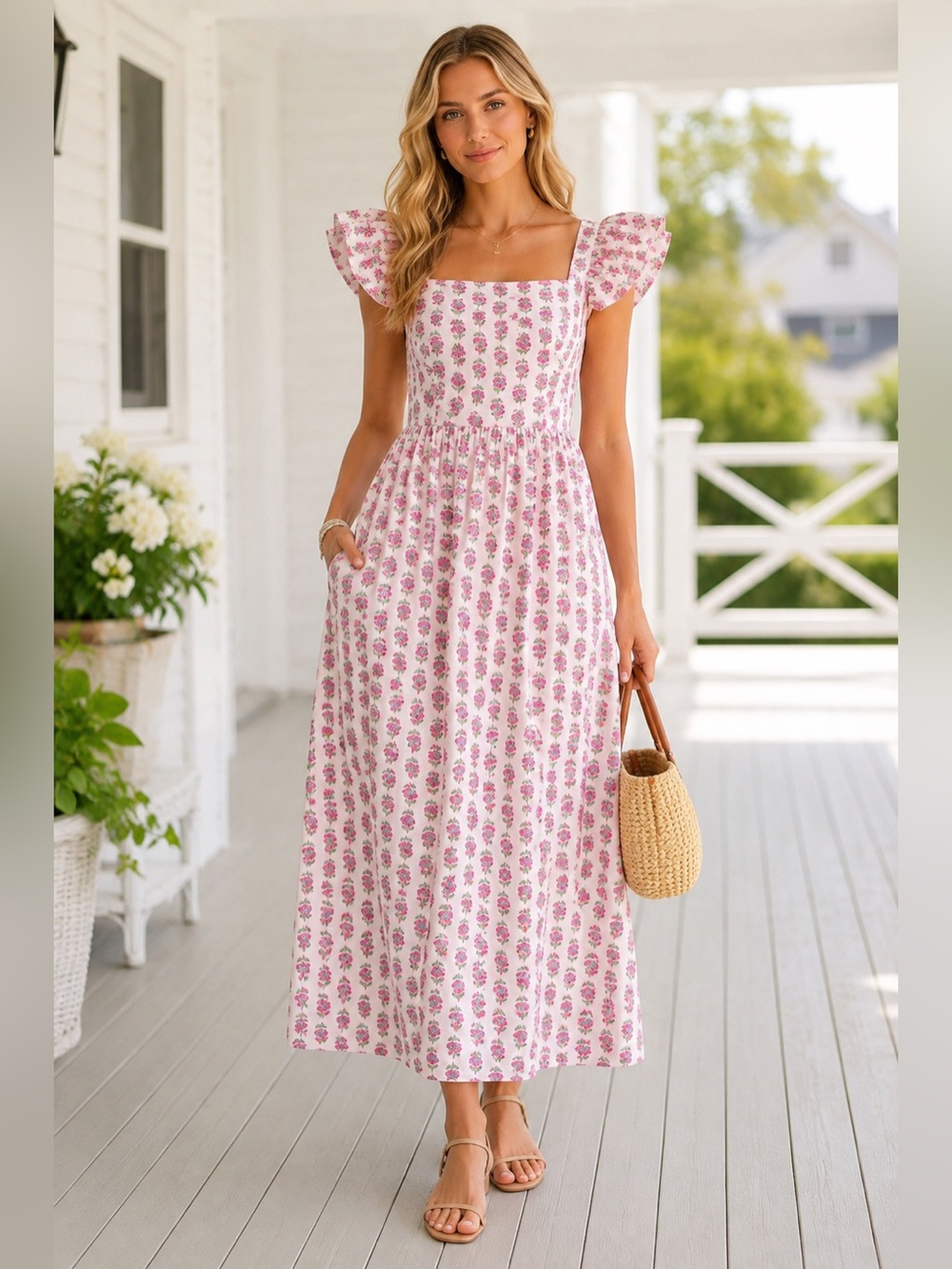 J.CREW Puff-Sleeve Midi Dress Pink Floral Size 8